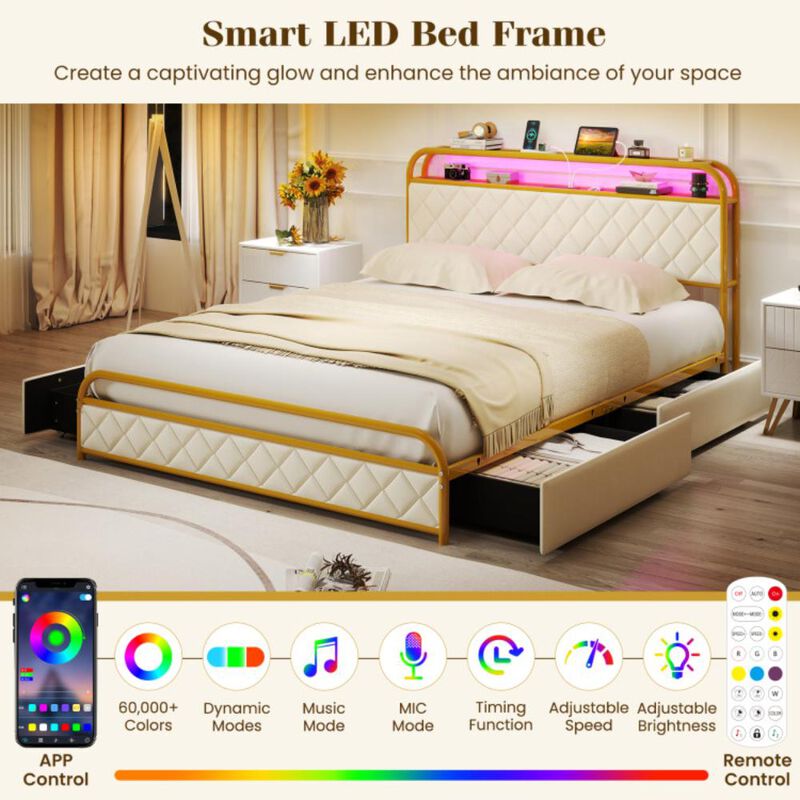 Hivvago Queen Size Bed Frame with LED Lights and Charging Station Gold