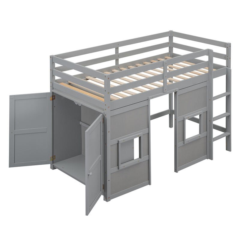 Whisen Wood Twin Size Loft Bed with Built-in Storage Wardrobe and 2 Windows image number 3