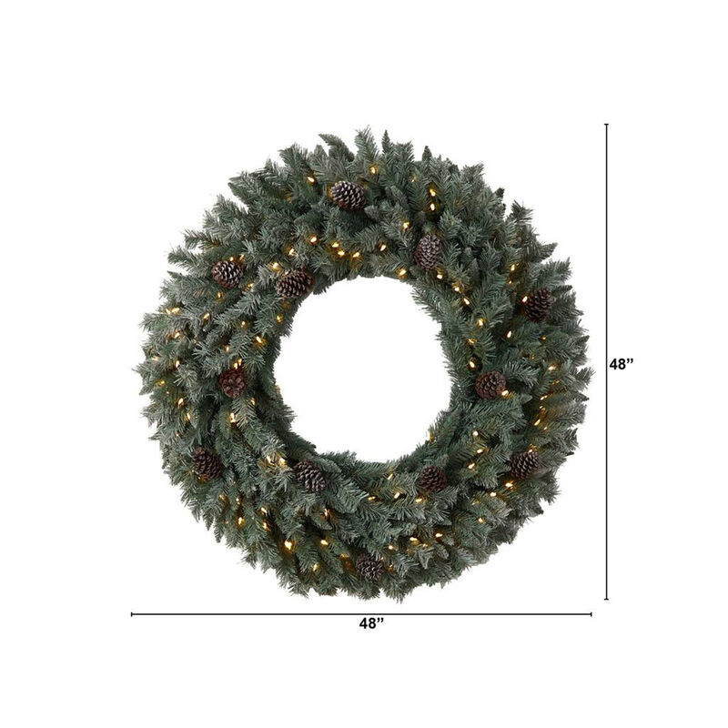 Nearly Natural Large Flocked Artificial Christmas Wreath with Pinecones, Clear LED Lights and Bendable Branches