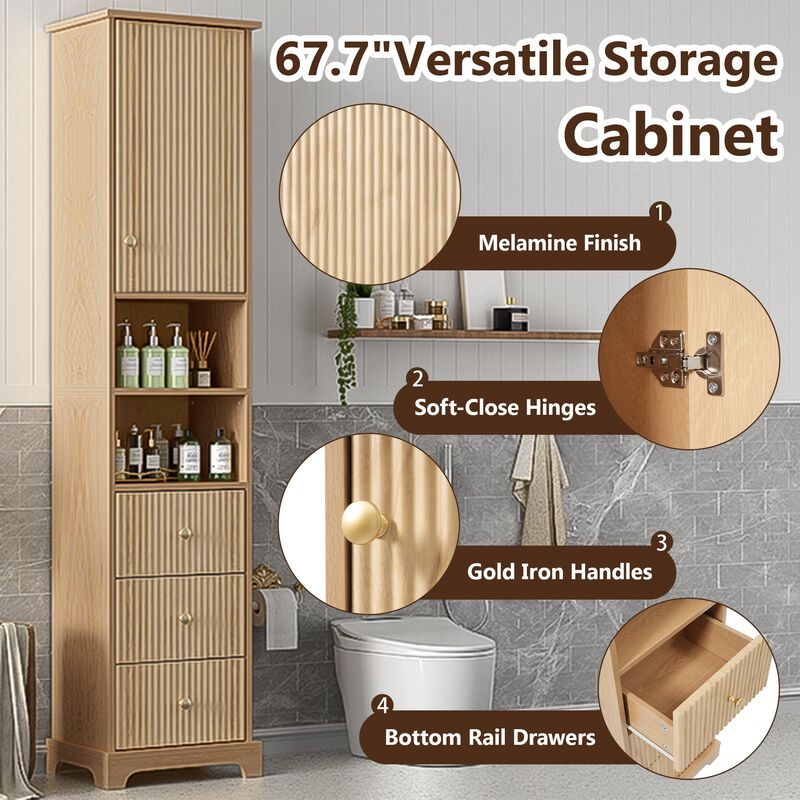 67.7 Inch Tall Freestanding Bathroom Cabinet with Door Adjustable Shelf 3 Drawers and Open Storage Wood Finish with Gold Handles