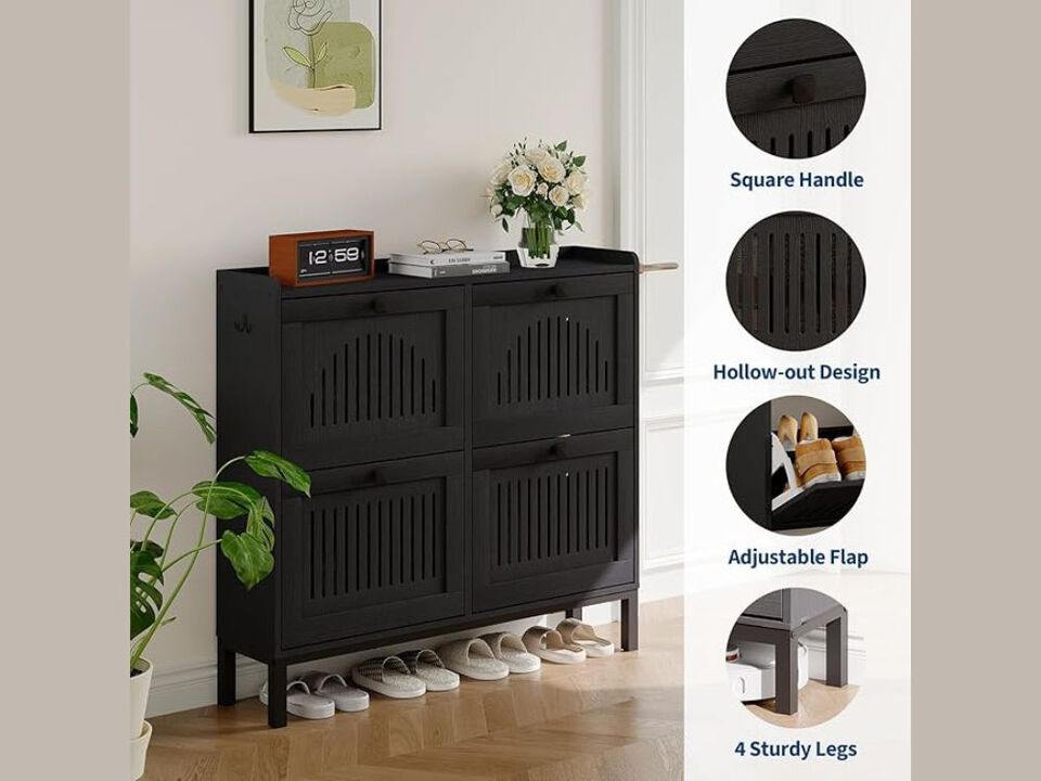 Entryway Wood Shoe Storage Cabinet 4 Door Flip Drawer Adjustable Shelves