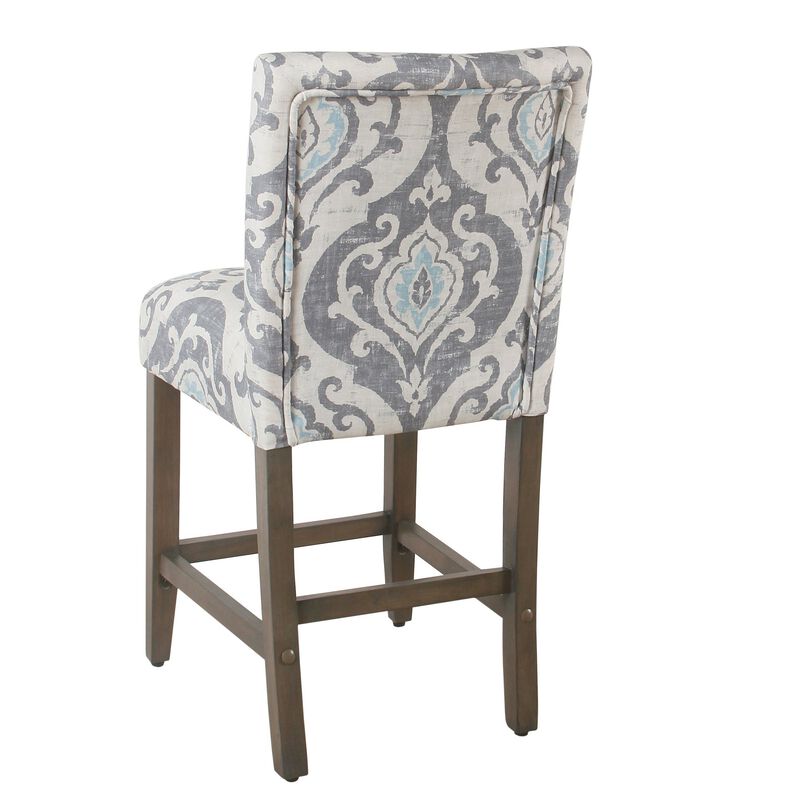 Wooden Counter Height Stool with Damask Pattern Fabric Upholstery, Gray and Blue