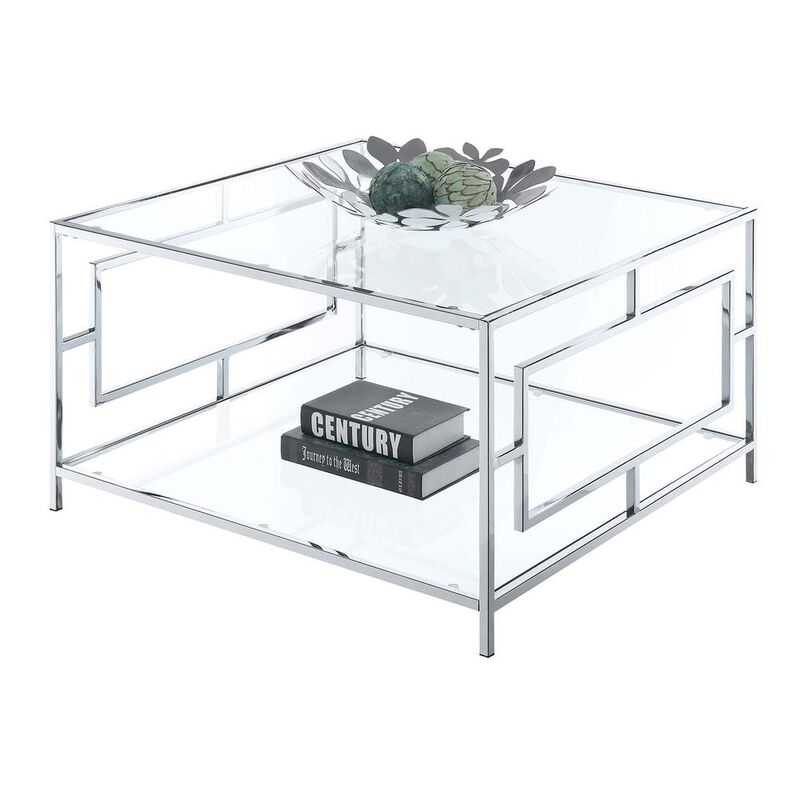 Convenience Concepts Town Square Chrome Square Coffee Table with Shelf, Clear Glass/Chrome Frame