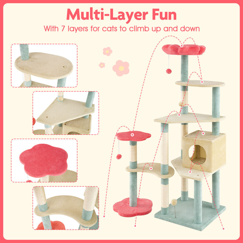 Floral-Themed Tall Kitten Tower with Cozy Flower-Shaped Plush Perch
