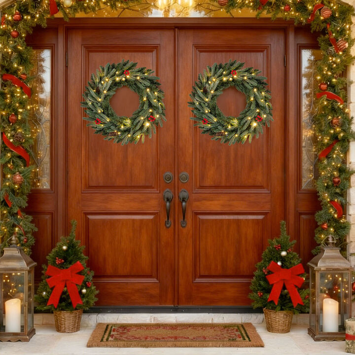 Artificial Christmas Wreath Set of 2 with Pre Lit Lights and Frosted Branch Tips-Green