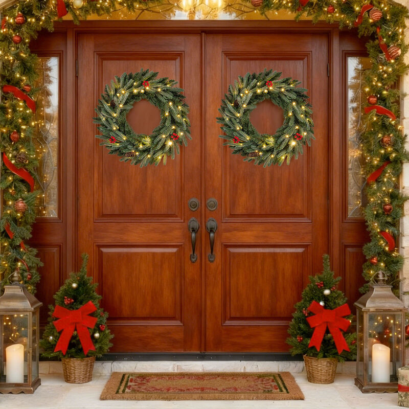 Artificial Christmas Wreath Set of 2 with Pre Lit Lights and Frosted Branch Tips-Green image number 1