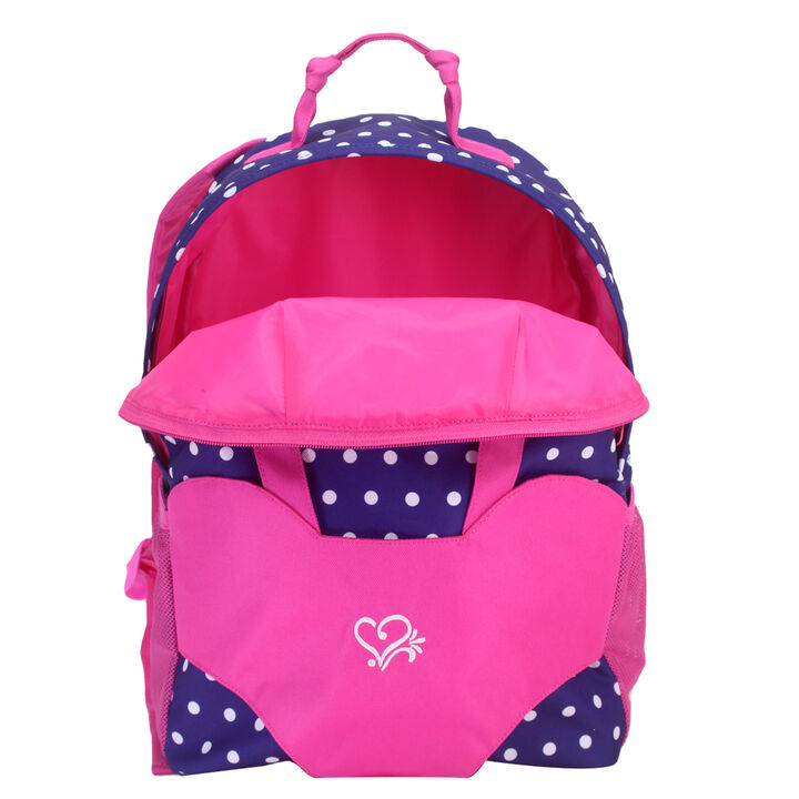 White Polka Dot Backpack Carrier for 15'' and 18'' Dolls, Navy/Hot Pink