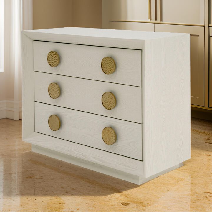 Cid Jorie 39 Inch Nightstand, 3 Drawers, Cream White Wood, Steel Handles