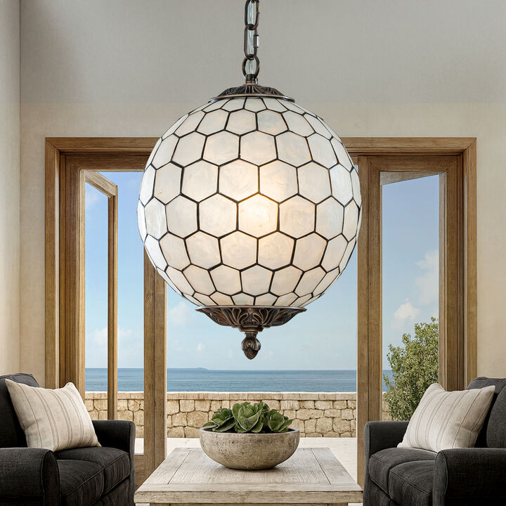 1-Light 12'' Antique Bronze French Vintage Coastal  Glam Chandelier With Natural CAPIZ SHELL Globe Lantern Hanging Light For Living Room Bedroom