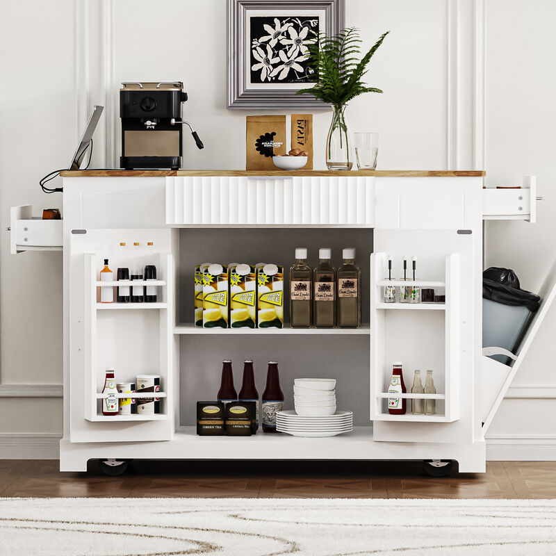 ELEMENT ACE Fluted Kitchen Island with Trash Can Storage Cabinet, Power Outlet, Adjustable Shelves and Mobile Design image number 6