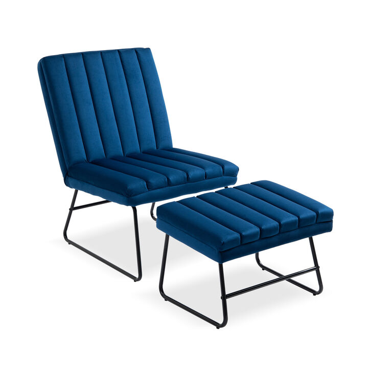 Dark Blue Modern Lazy Lounge Chair, Contemporary Single Leisure Upholstered Sofa Chair Set