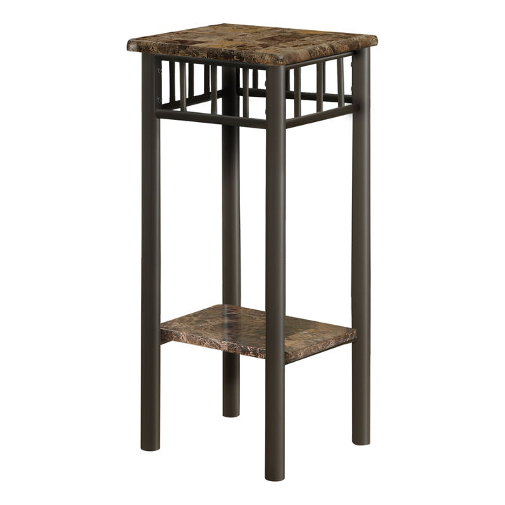 Monarch Specialties I 3044 Accent Table, Side, End, Plant Stand, Square, Living Room, Bedroom, Metal, Laminate, Brown Marble Look, Transitional