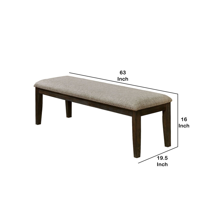 Fabric Upholstered Bench with Nailhead Trim and Tapered Legs, Gray and Espresso-Benzara