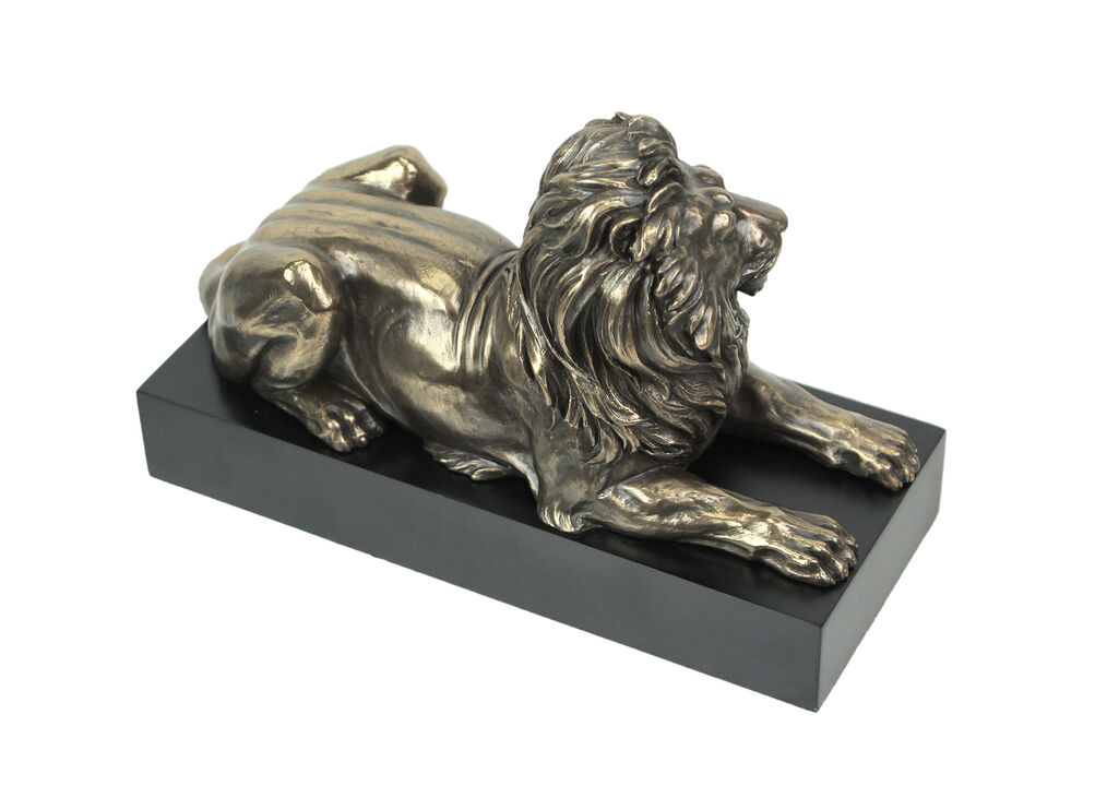 Metallic Bronze Finish Lion Lying on Plinth Tabletop Statue 8.75 Inches Long
