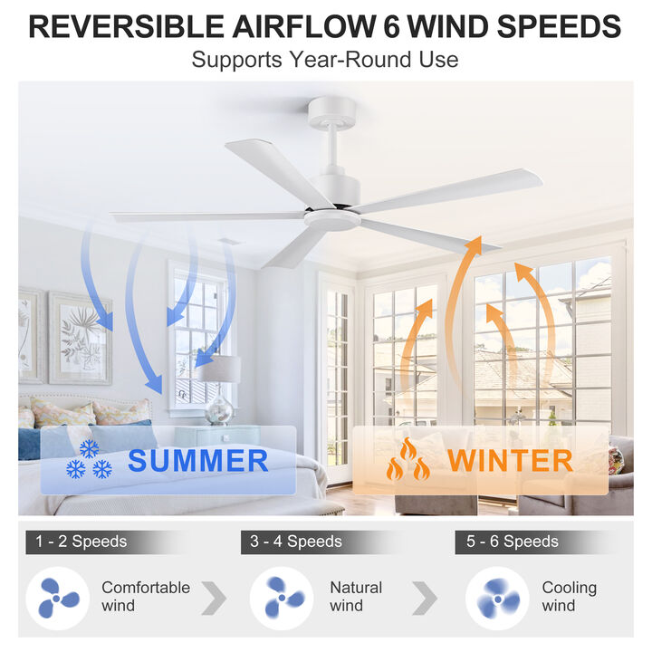 Breezary 52" Ceiling Fan No Light, 5 Blades, 6 Speed Reversible, Remote Control, Low Profile