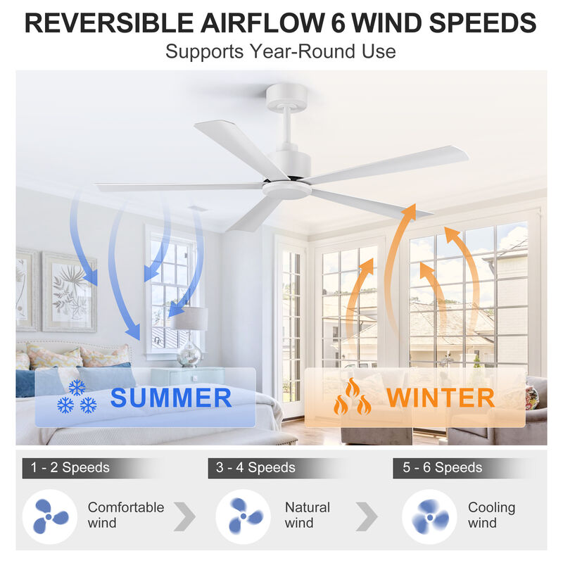 Breezary 52" Ceiling Fan No Light, 5 Blades, 6 Speed Reversible, Remote Control, Low Profile image number 1