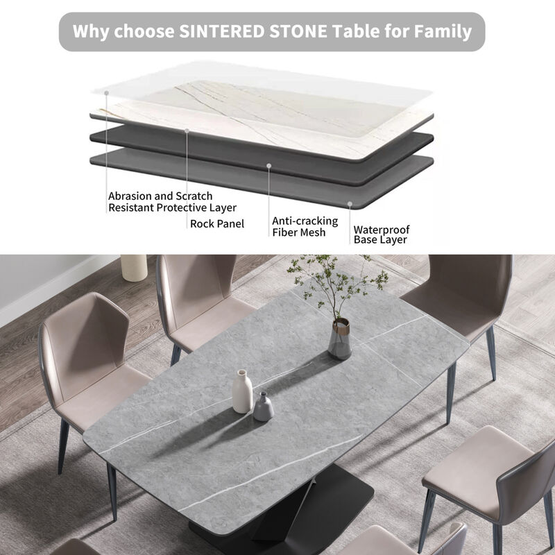 70.87" Modern artificial stone gray curved black metal leg dining table-can accommodate 6-8 people
