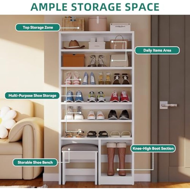 Entryway Shoe Storage Bench White Cabinet Hidden 8 Tiers Standing image number 3