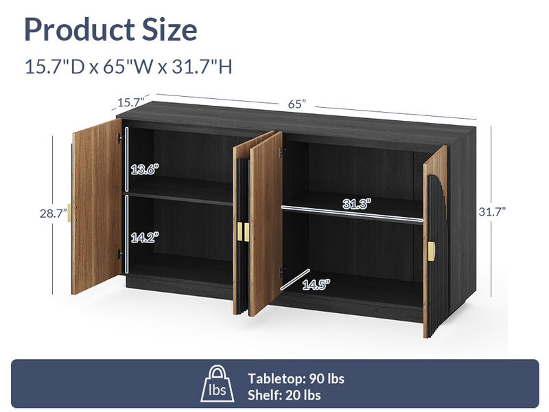 BELLEZE 65 Inch Fluted Buffet Cabinet with Storage, Symmetrical Arc Accent Sideboard Large Console Table for Dining Room, Kitchen, and Living Room (Camel)