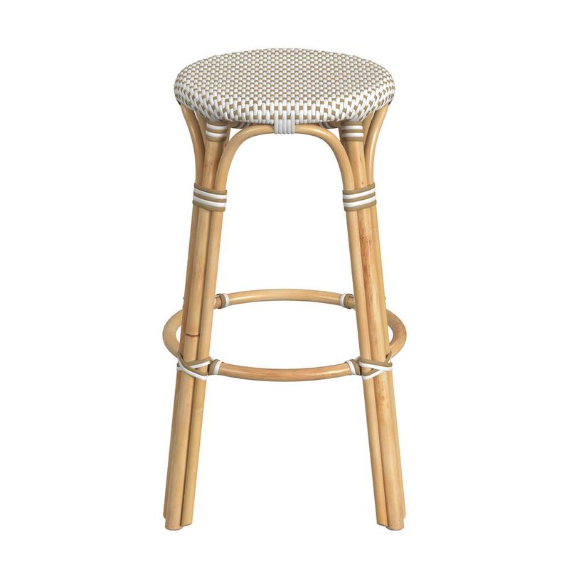 Butler Specialty Tobias Round Rattan 30 Bar Stool, White and Tan Dot