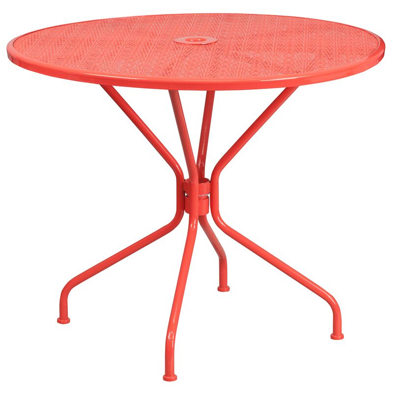 Flash Furniture Commercial Grade 35.25" Round Coral Indoor-Outdoor Steel Patio Table Set with 2 Round Back Chairs