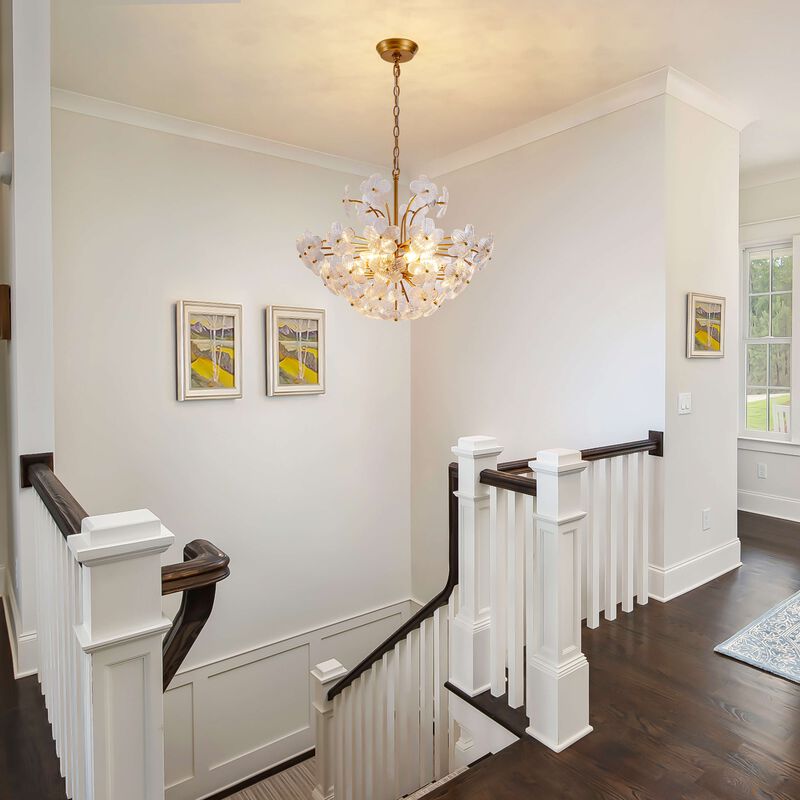 Rosa Modern 6-Light 22.4" Glam Ribbed Glass Flower Chandelier - Low-gloss Brushed Brass Finish image number 3