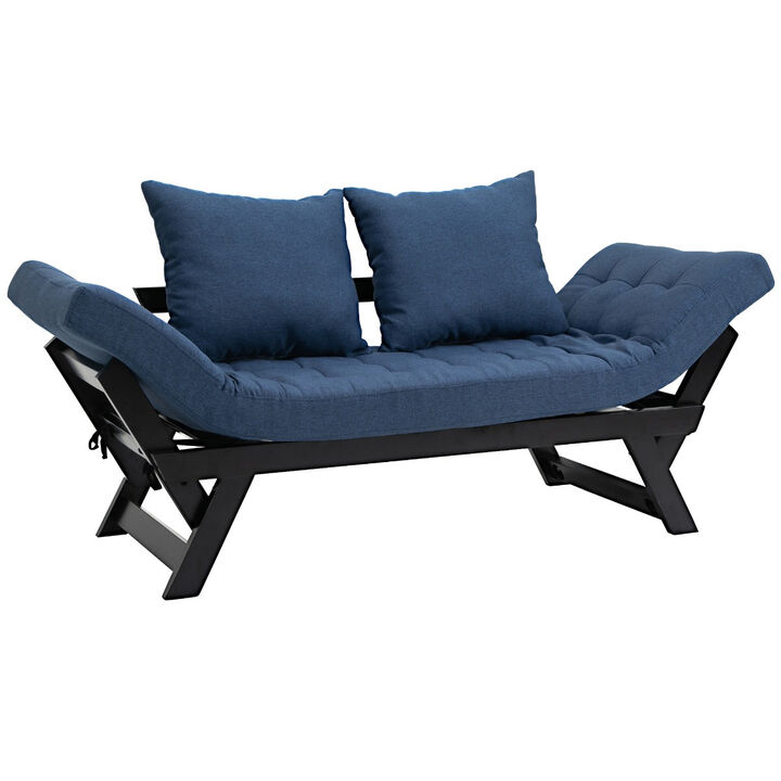 Single Person 3 Position Convertible Chaise Lounger Sofa Bed with 2 Large Pillows and Black Frame, Dark Blue