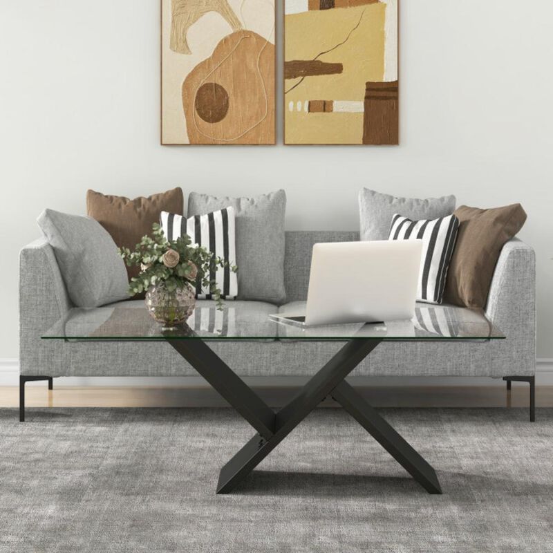 Hivvago 47 Inch Rectangle Glass Coffee Table Modern Center Table with Tempered Glass Tabletop