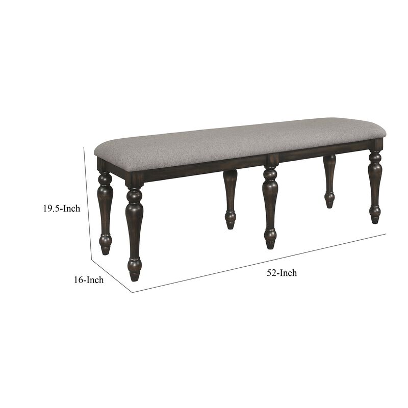 Lauren 52 Inch Bench, Classic Wood Frame, Cushioned Gray Fabric Upholstery - Benzara