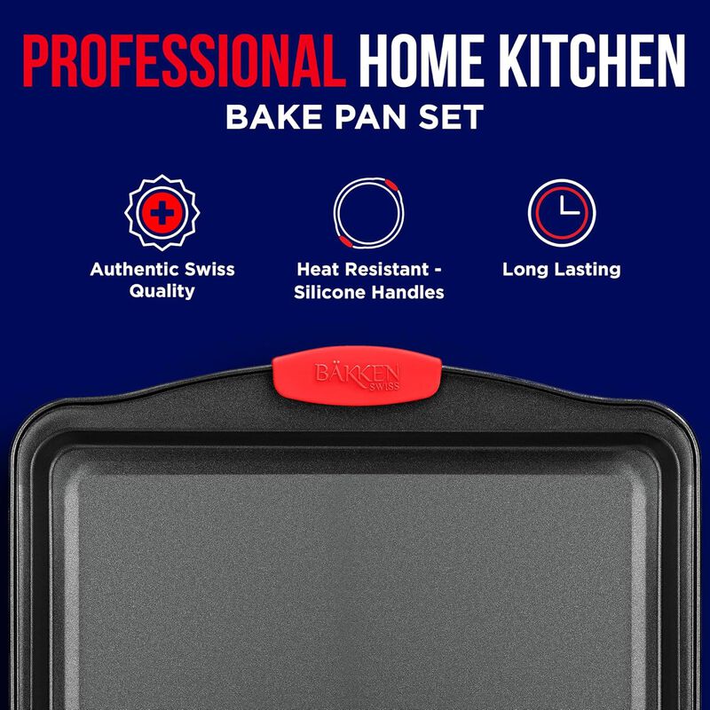 Nonstick Cookie Sheet Pan Carbon Steel Oven Tray Sheet Pan with Red Silicone Handles - Bakeware Pan Tray with Gray Coating Inside & Outside