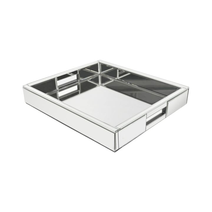 HomeRoots 16" Silver Mirrored Glass Serving Tray With Handles
