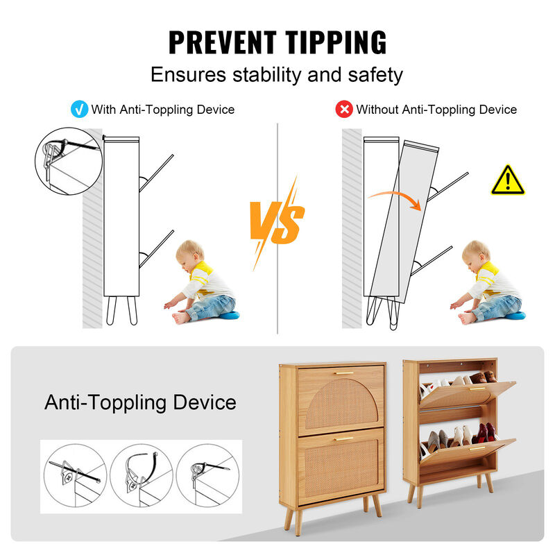 Shoe Cabinet with 2 Flip Rattan Drawers, Freestanding Storage for Entryway
