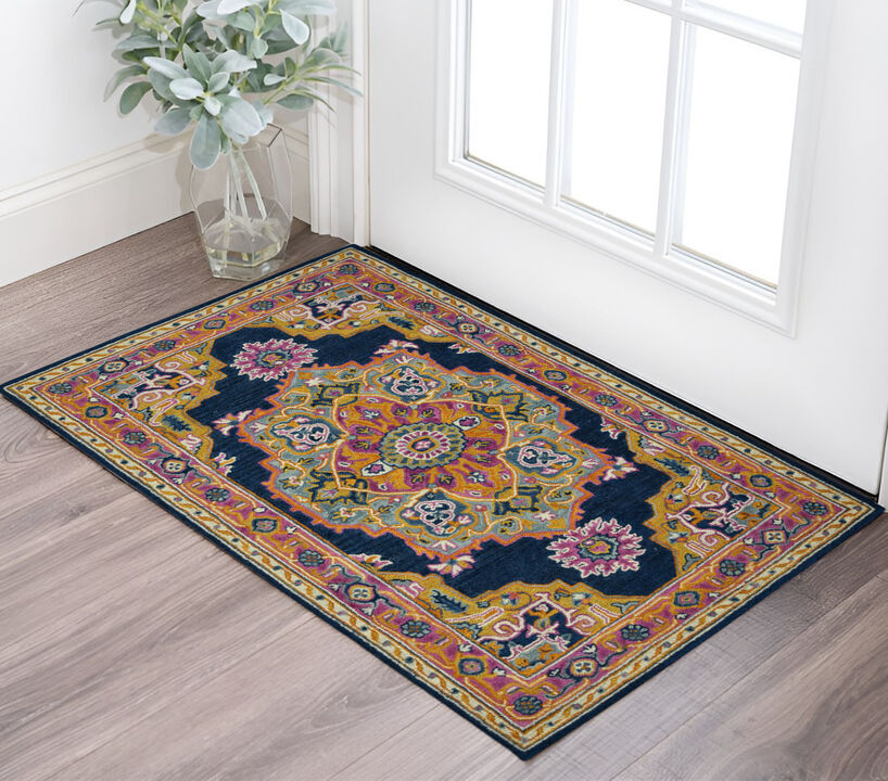 HomeRoots Blue Purple And Brown Wool Medallion Hand Tufted Area Rug