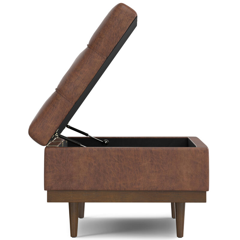 Mariah 34 inch Wide Contemporary Rectangle Coffee Table Storage Ottoman in Distressed Saddle Brown  Vegan Faux Leather, Assembled