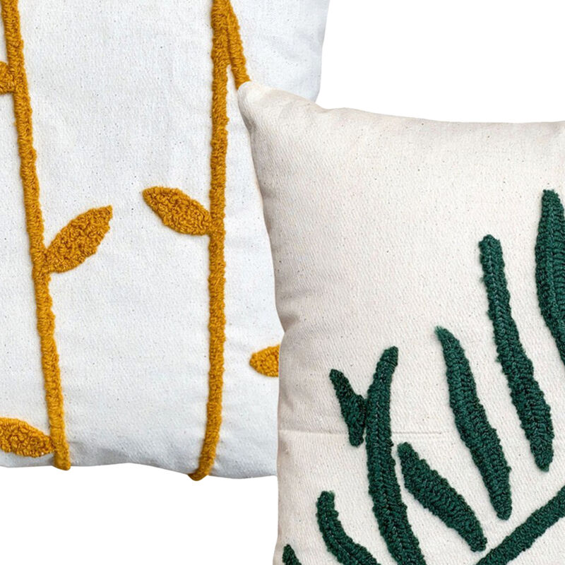 17 x 17 Inch 2 Piece Square Cotton Accent Throw Pillow Set, Leaf Embroidery, White, Green, Yellow