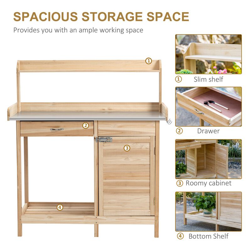 Natural Wood Garden Station: Potting Bench with Storage and Steel Top