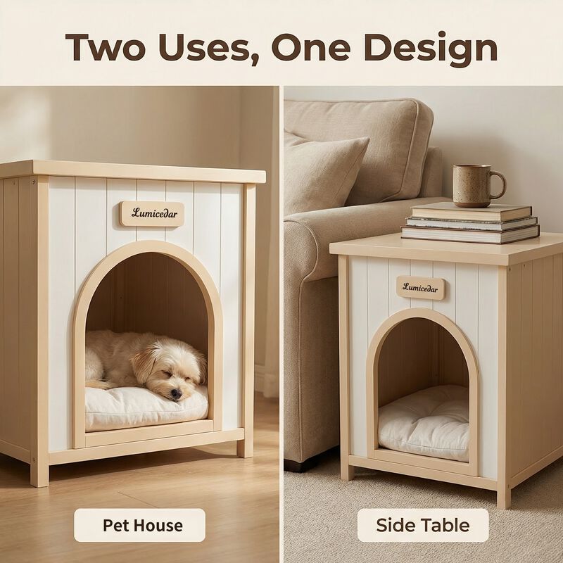 Cream Yellow Flat Roof Pet House, Solid Wood Indoor Shelter for Small Cats & Dogs image number 9