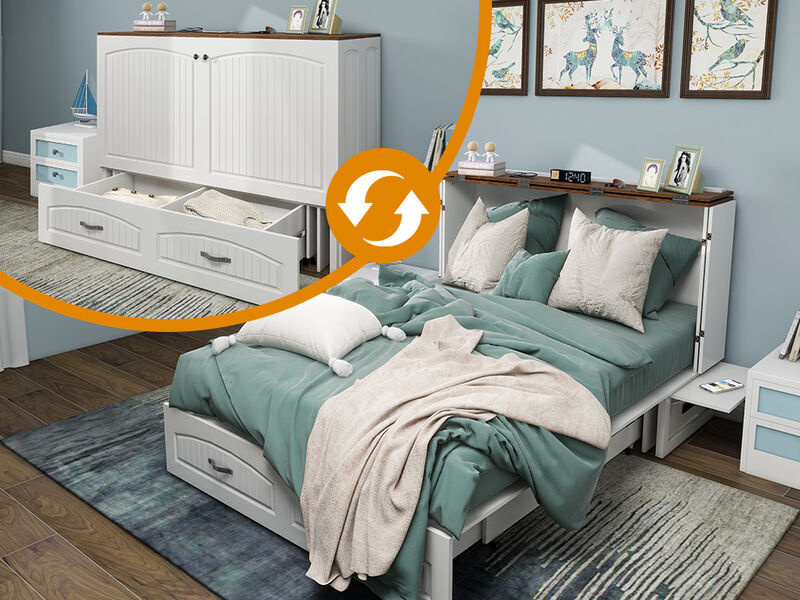 Murphy Bed Cabinet with Drawer Includes Storage Cabinet, Murphy Bed Queen Suit for Home Office or Small Room, Murphy Bed Full with Charging and USB Port, White Queen Murphy Bed Cabinet Bed