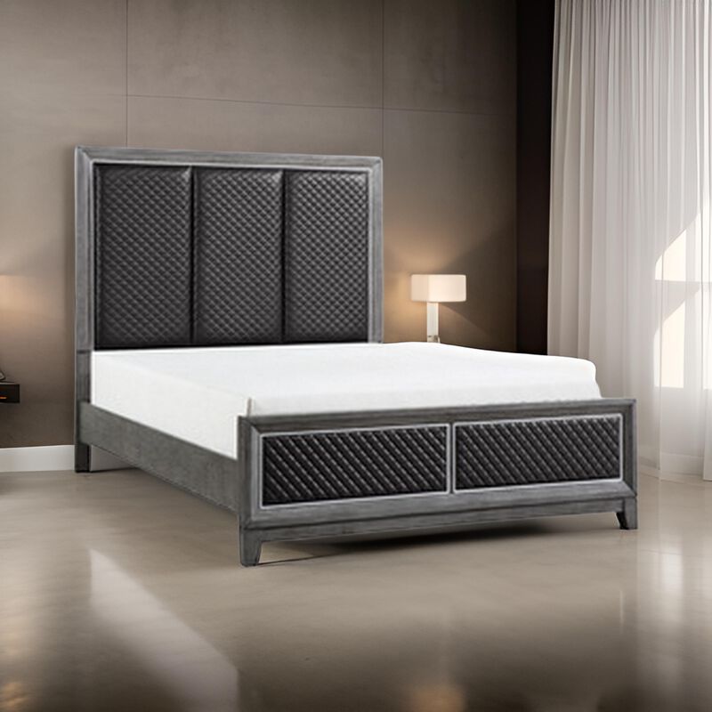 Stacy Queen Bed, Gray Faux Leather Upholstered Panels, Silver, Gray Wood