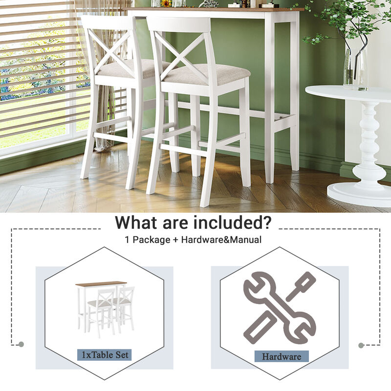 Merax Rectangular Wood Bar Height Dining Set Kitchen Breakfast Nook with 2 Chairs for Small Places