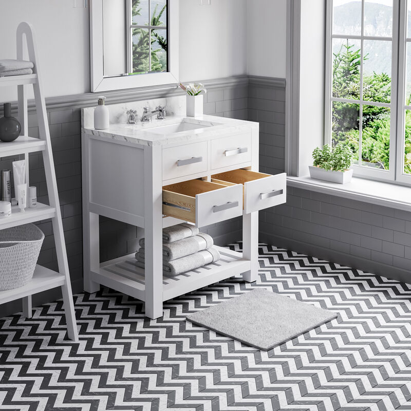 Madalyn 30 In. Single Sink Carrara White Marble Countertop Bath Vanity in Pure White