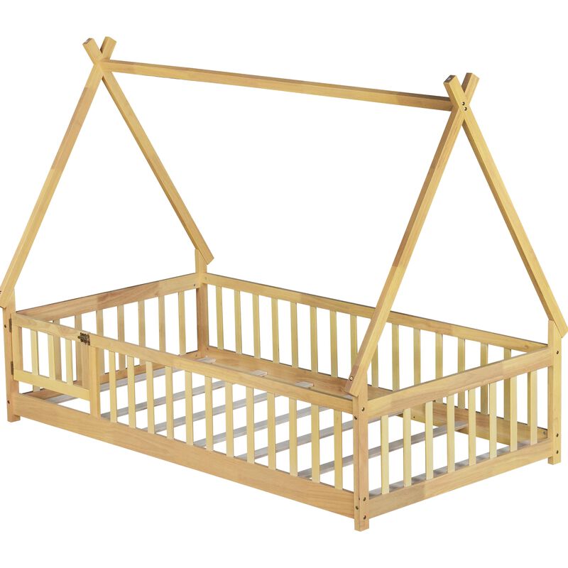 Whisen Wooden Teepee Tent Bed with Guardrails and Slats, Twin Floor Bed with Door for Kids image number 6