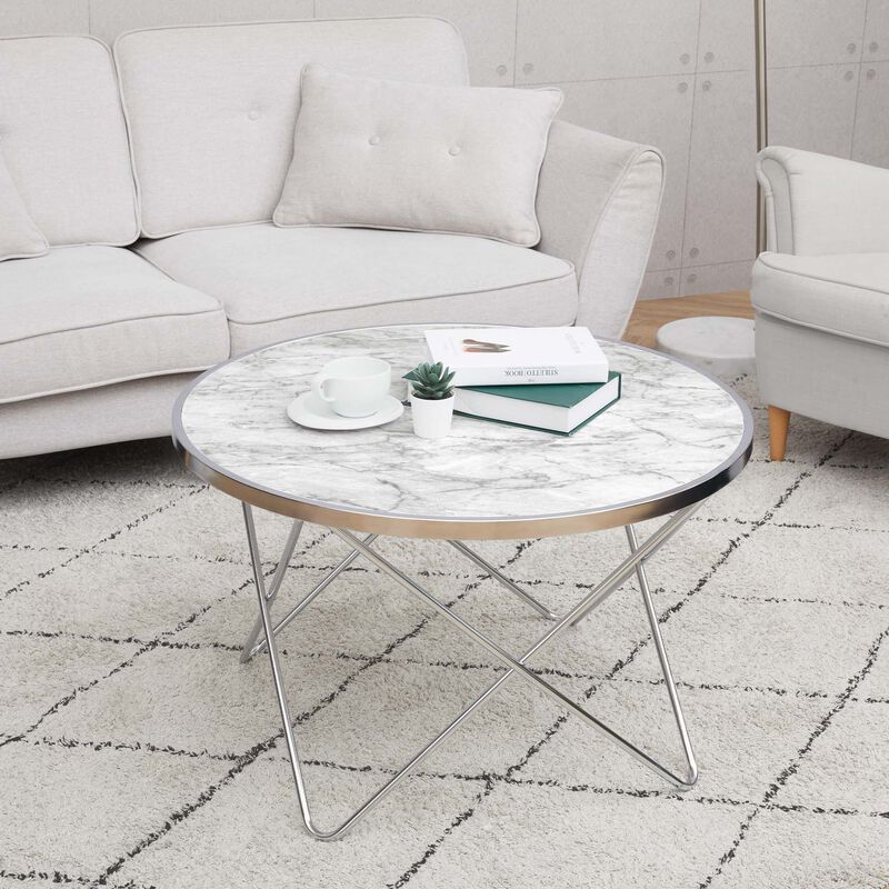 Margo Small Round Faux White Carrara Marble Coffee Table, White image number 5