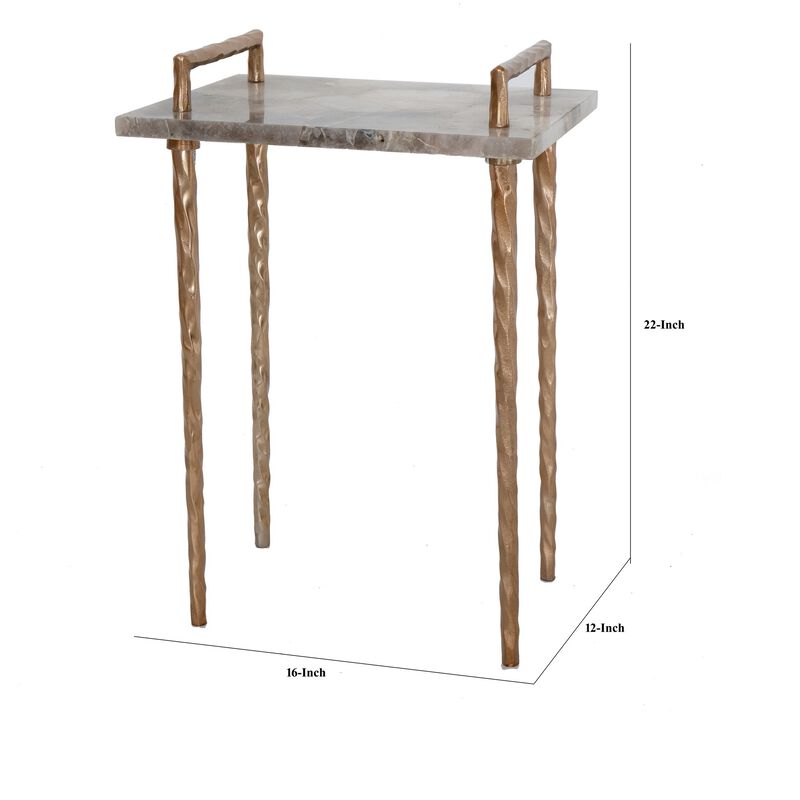 22 Inch Accent Table, Agate Stone Top, Modern, Sleek Metal Frame, Bronze