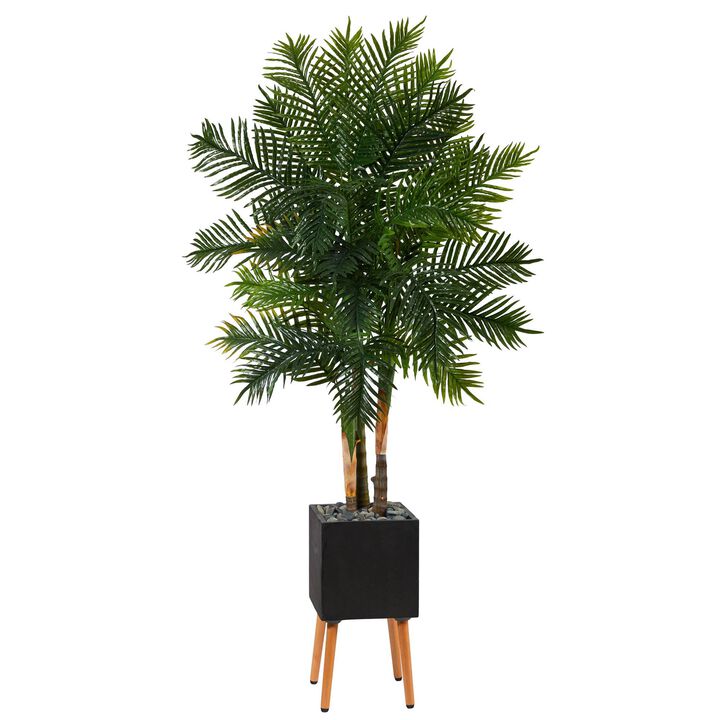 Nearly Natural 70-in Areca Palm Artificial Tree in Black Planter with Stand