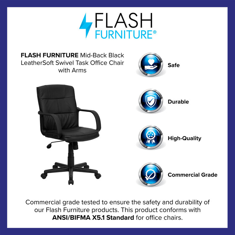 Rider Mid-Back Black LeatherSoft Swivel Task Office Chair with Arms image number 3