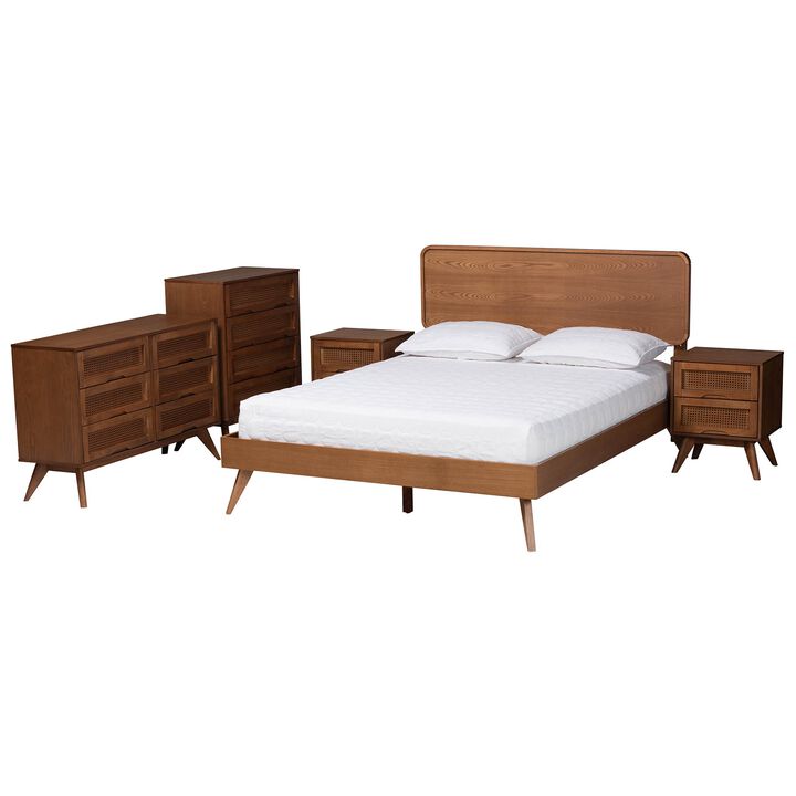 Baxton Studio Demeter Mid-Century Modern Walnut Brown Finished Wood Queen Size 5-Piece Bedroom Set