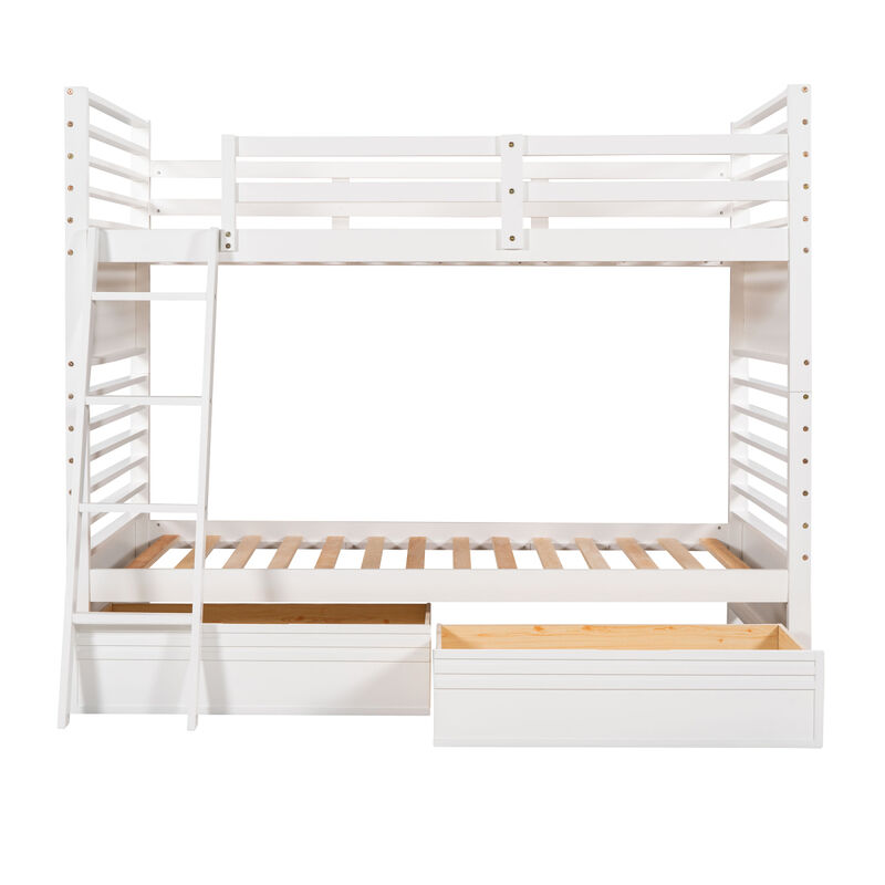 Twin over Twin Wood Bunk Bed with Two Drawers - Espresso·