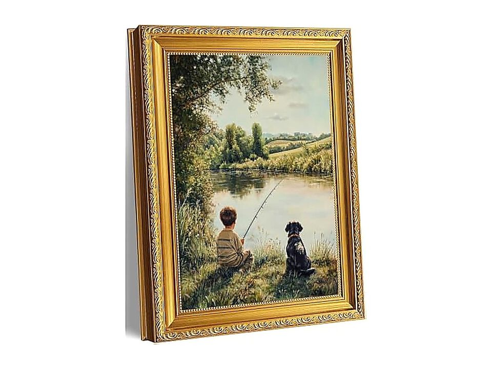 Vintage Gold Framed Canvas Wall Art Country Boy Fishing Decor Spring Rustic Lake