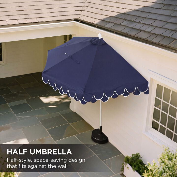 Terrace Arc 9 ft. Classic White Pole MidCentury Scalloped Fringe Market Patio Half Umbrella with Crank, Tilt Button and UV Protection